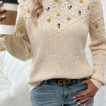 Jet Stream Mixed Texture Knit Flower Embroidered Detail Casual Sweater