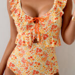 Orange Ruffled Trim Keyhole Accent Floral One Piece Swimsuit