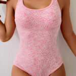 Pink Corded Flower Texture Spaghetti Straps Halterneck One Piece Swimsuit